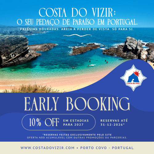Banner promocional Early Booking da Costa do Vizir em Porto Covo com 10% de desconto para estadias em 2027 ao fundo de praia com falésias.